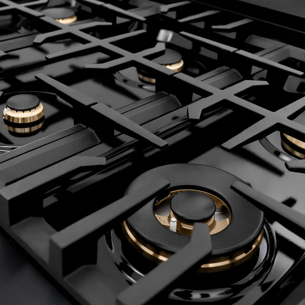 ZLINE 36 in. Classic Gas Rangetop with 6 Brass Burners and Porcelain Cooktop in Black Stainless Steel (RTB-BR-36) close-up, black gas burner caps and cast iron grates.