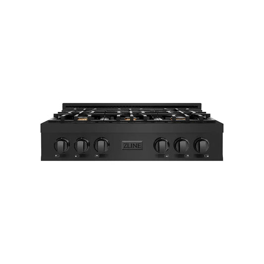 ZLINE 36 in. Classic Gas Rangetop with 6 Brass Burners and Porcelain Cooktop in Black Stainless Steel (RTB-BR-36) main image.