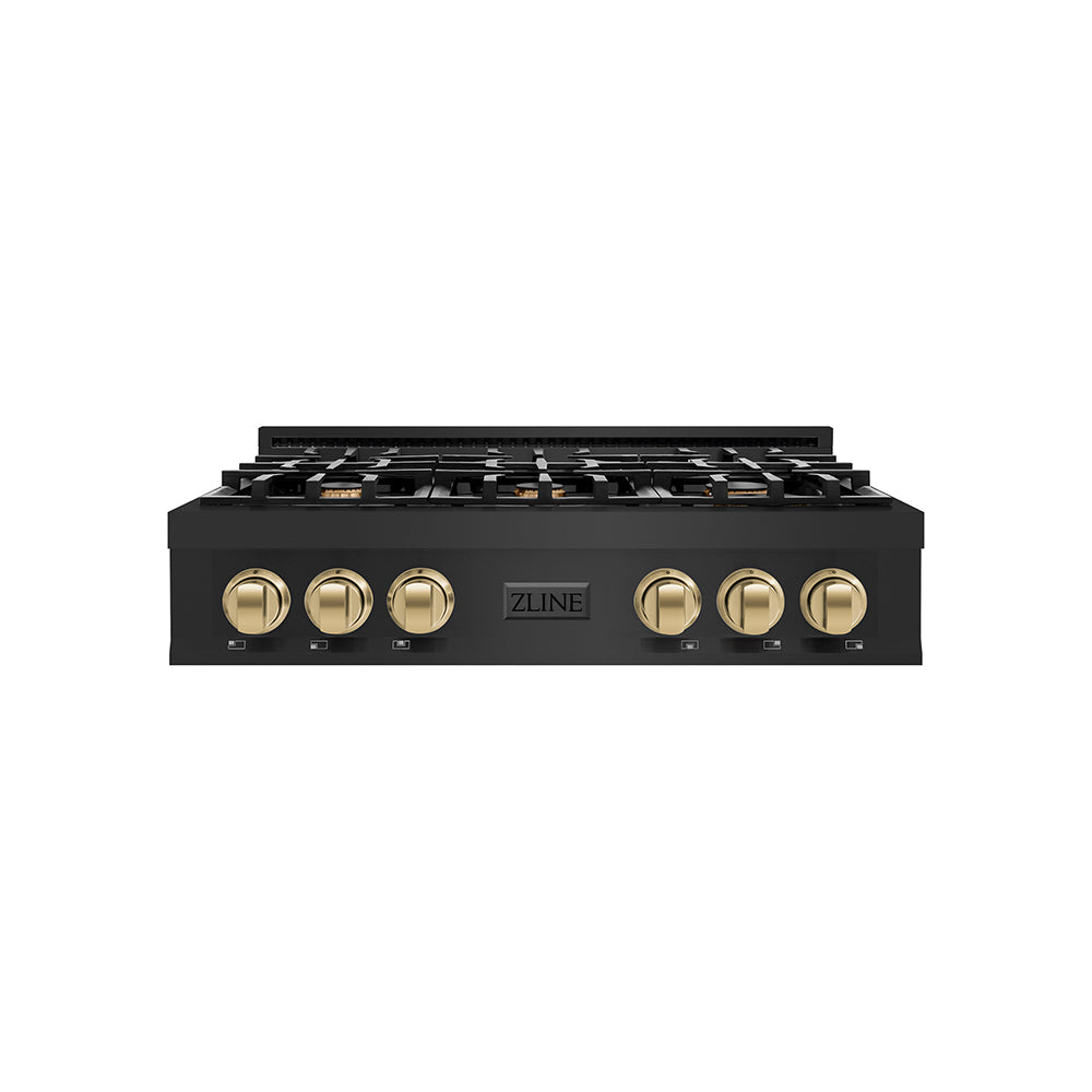 ZLINE Autograph Edition 36 in. Legacy Gas Rangetop with 6 Burners and Porcelain Cooktop in Black Stainless Steel with Champagne Bronze Accents (RTBZ-36-CB)