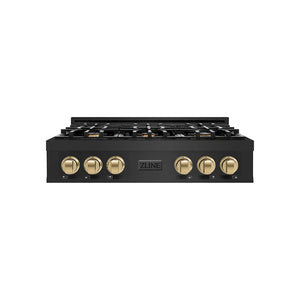 ZLINE Autograph Edition 36 in. Classic Gas Rangetop with 6 Burners and Porcelain Cooktop in Black Stainless Steel with Champagne Bronze Accents (RTBZ-36-CB) main image.