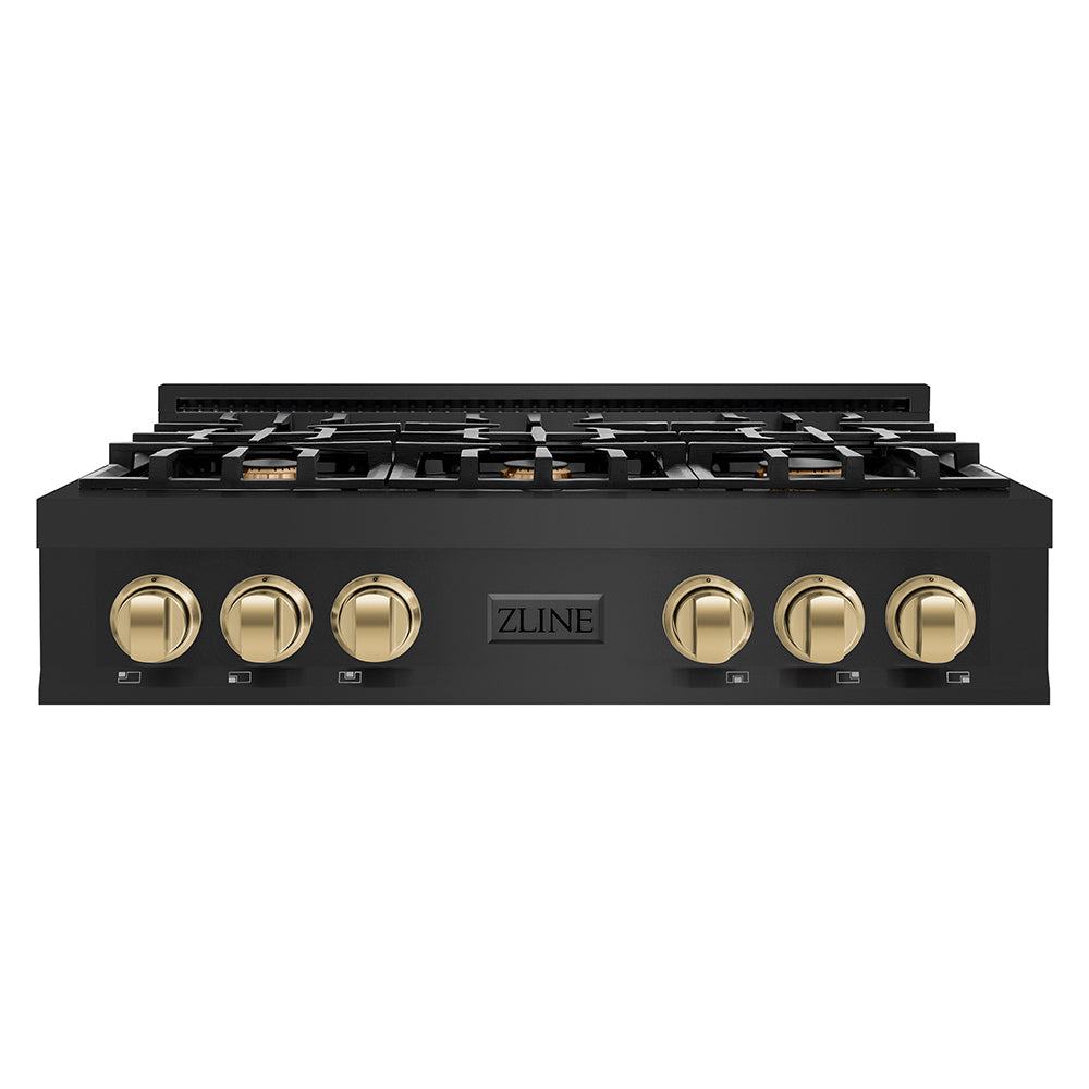 ZLINE Autograph Edition 36 in. Legacy Gas Rangetop with 6 Burners and Porcelain Cooktop in Black Stainless Steel with Champagne Bronze Accents (RTBZ-36-CB)