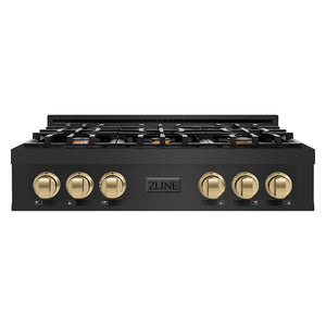 ZLINE Autograph Edition 36 in. Legacy Gas Rangetop with 6 Burners and Porcelain Cooktop in Black Stainless Steel with Champagne Bronze Accents (RTBZ-36-CB)
