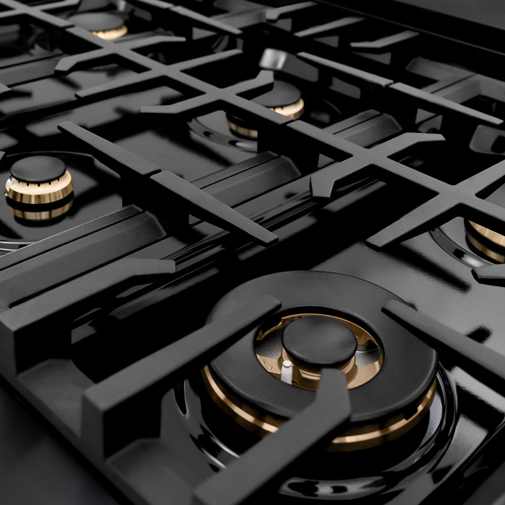 ZLINE Autograph Edition 36 in. Classic Gas Rangetop with 6 Burners and Porcelain Cooktop in Black Stainless Steel with Polished Gold Accents (RTBZ-36-G) close-up, black gas burner caps and cast iron grates.