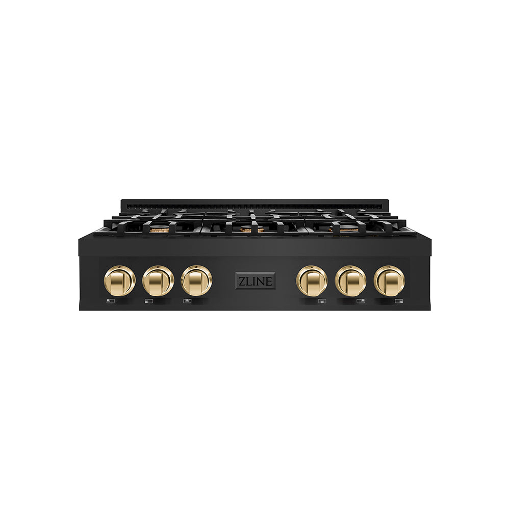 ZLINE Autograph Edition 36 in. Classic Gas Rangetop with 6 Burners and Porcelain Cooktop in Black Stainless Steel with Polished Gold Accents (RTBZ-36-G) main image.