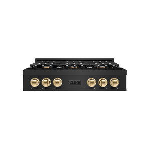 ZLINE Autograph Edition 36 in. Classic Gas Rangetop with 6 Burners and Porcelain Cooktop in Black Stainless Steel with Polished Gold Accents (RTBZ-36-G) main image.