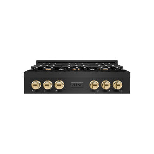 ZLINE Autograph Edition 36 in. Classic Gas Rangetop with 6 Burners and Porcelain Cooktop in Black Stainless Steel with Polished Gold Accents (RTBZ-36-G) main image.