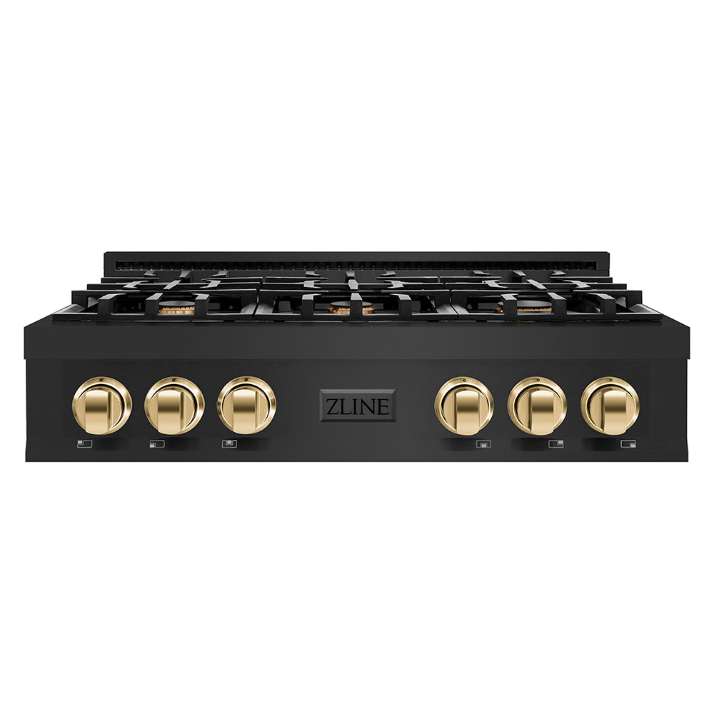 ZLINE Autograph Edition 36 in. Classic Gas Rangetop with 6 Burners and Porcelain Cooktop in Black Stainless Steel with Polished Gold Accents (RTBZ-36-G) front.