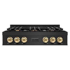 ZLINE Autograph Edition 36 in. Classic Gas Rangetop with 6 Burners and Porcelain Cooktop in Black Stainless Steel with Polished Gold Accents (RTBZ-36-G) front.