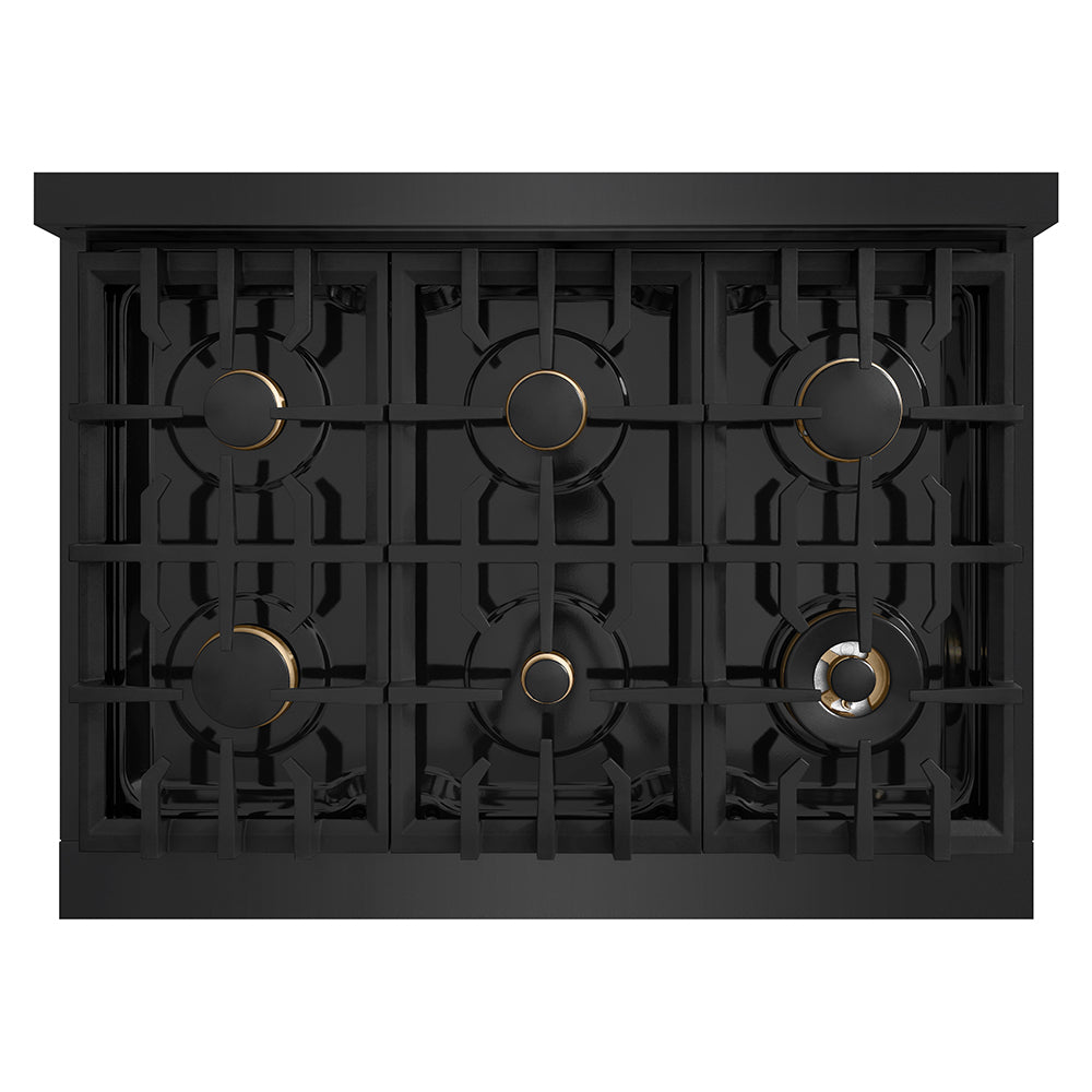 ZLINE Autograph Edition 36 in. Classic Gas Rangetop with 6 Burners and Porcelain Cooktop in Black Stainless Steel with Polished Gold Accents (RTBZ-36-G) top-down, above cooking surface.