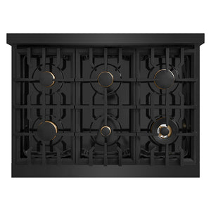 ZLINE Autograph Edition 36 in. Classic Gas Rangetop with 6 Burners and Porcelain Cooktop in Black Stainless Steel with Polished Gold Accents (RTBZ-36-G) top-down, above cooking surface.