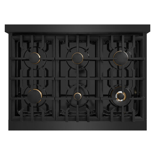 ZLINE Autograph Edition 36 in. Classic Gas Rangetop with 6 Burners and Porcelain Cooktop in Black Stainless Steel with Polished Gold Accents (RTBZ-36-G) top-down, above cooking surface.