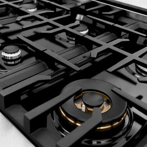 ZLINE 36 in. Classic Gas Rangetop with 6 Burners and Porcelain Cooktop in Satin Stainless Steel (RTS-36) close-up, black gas burner caps and cast iron grates.