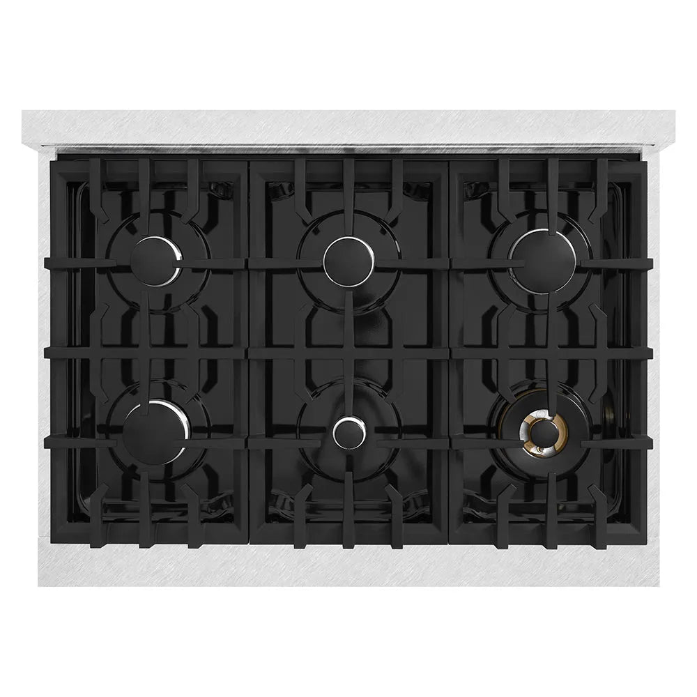ZLINE 36 in. Classic Gas Rangetop with 6 Burners and Porcelain Cooktop in Satin Stainless Steel (RTS-36) top-down, above cooking surface.
