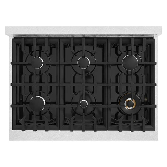 ZLINE 36 in. Classic Gas Rangetop with 6 Burners and Porcelain Cooktop in Satin Stainless Steel (RTS-36) top-down, above cooking surface.