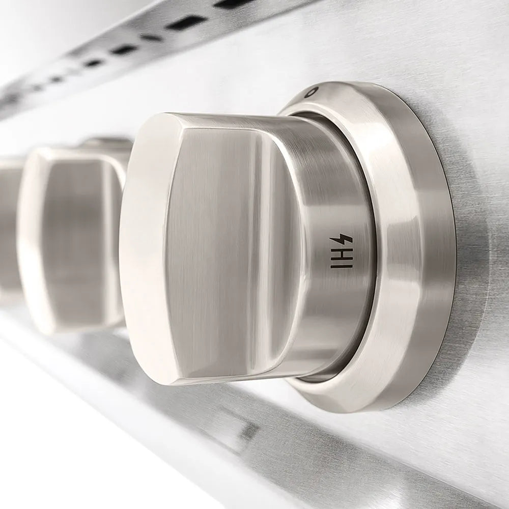 ZLINE 36 in. Classic Gas Rangetop with 6 Brass Burners and Porcelain Cooktop in Satin Stainless Steel (RTS-BR-36) close-up, control knobs.