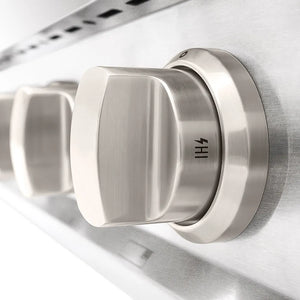 ZLINE 36 in. Classic Gas Rangetop with 6 Brass Burners and Porcelain Cooktop in Satin Stainless Steel (RTS-BR-36) close-up, control knobs.
