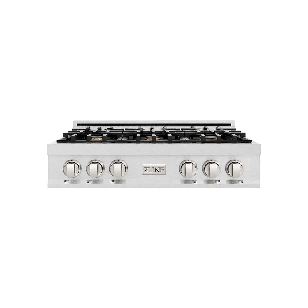 ZLINE 36 in. Classic Gas Rangetop with 6 Brass Burners and Porcelain Cooktop in Satin Stainless Steel (RTS-BR-36) main image.