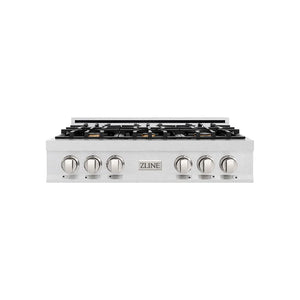 ZLINE 36 in. Classic Gas Rangetop with 6 Brass Burners and Porcelain Cooktop in Satin Stainless Steel (RTS-BR-36) main image.