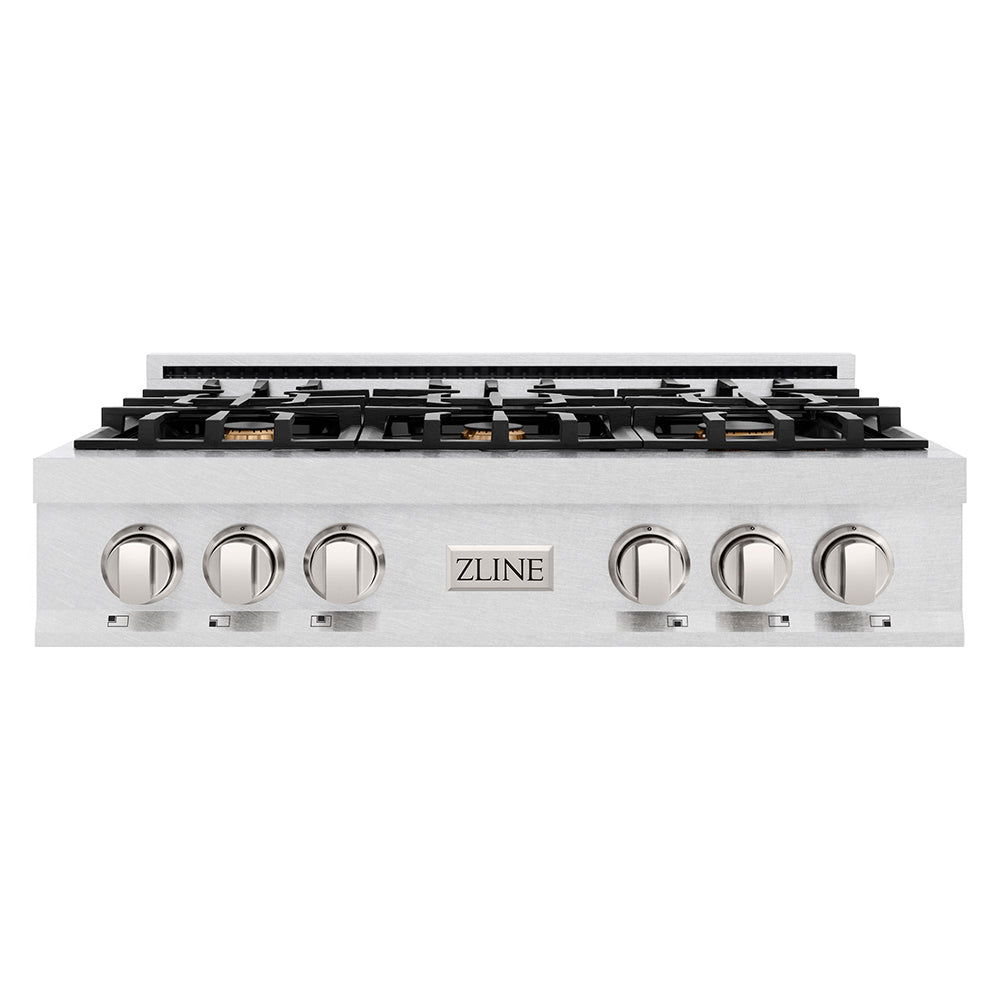 ZLINE 36 in. Classic Gas Rangetop with 6 Brass Burners and Porcelain Cooktop in Satin Stainless Steel (RTS-BR-36)