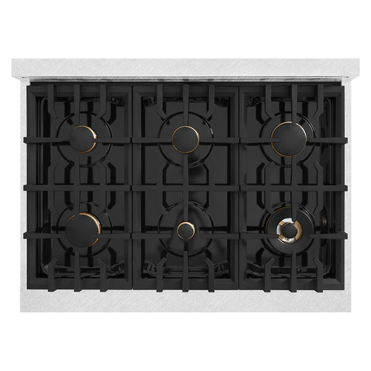 ZLINE 36 in. Classic Gas Rangetop with 6 Brass Burners and Porcelain Cooktop in Satin Stainless Steel (RTS-BR-36)