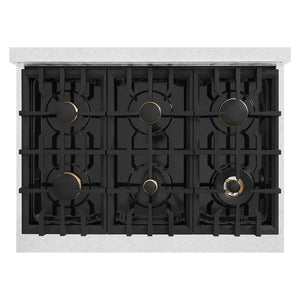 ZLINE 36 in. Classic Gas Rangetop with 6 Brass Burners and Porcelain Cooktop in Satin Stainless Steel (RTS-BR-36) top-down, above cooking surface.