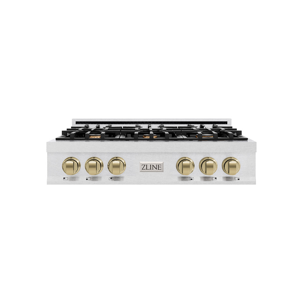 ZLINE Autograph Edition 36 in. Classic Gas Rangetop with 6 Burners and Porcelain Cooktop in Satin Stainless Steel with Champagne Bronze Accents (RTSZ-36-CB)