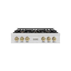 ZLINE Autograph Edition 36 in. Classic Gas Rangetop with 6 Burners and Porcelain Cooktop in Satin Stainless Steel with Champagne Bronze Accents (RTSZ-36-CB)