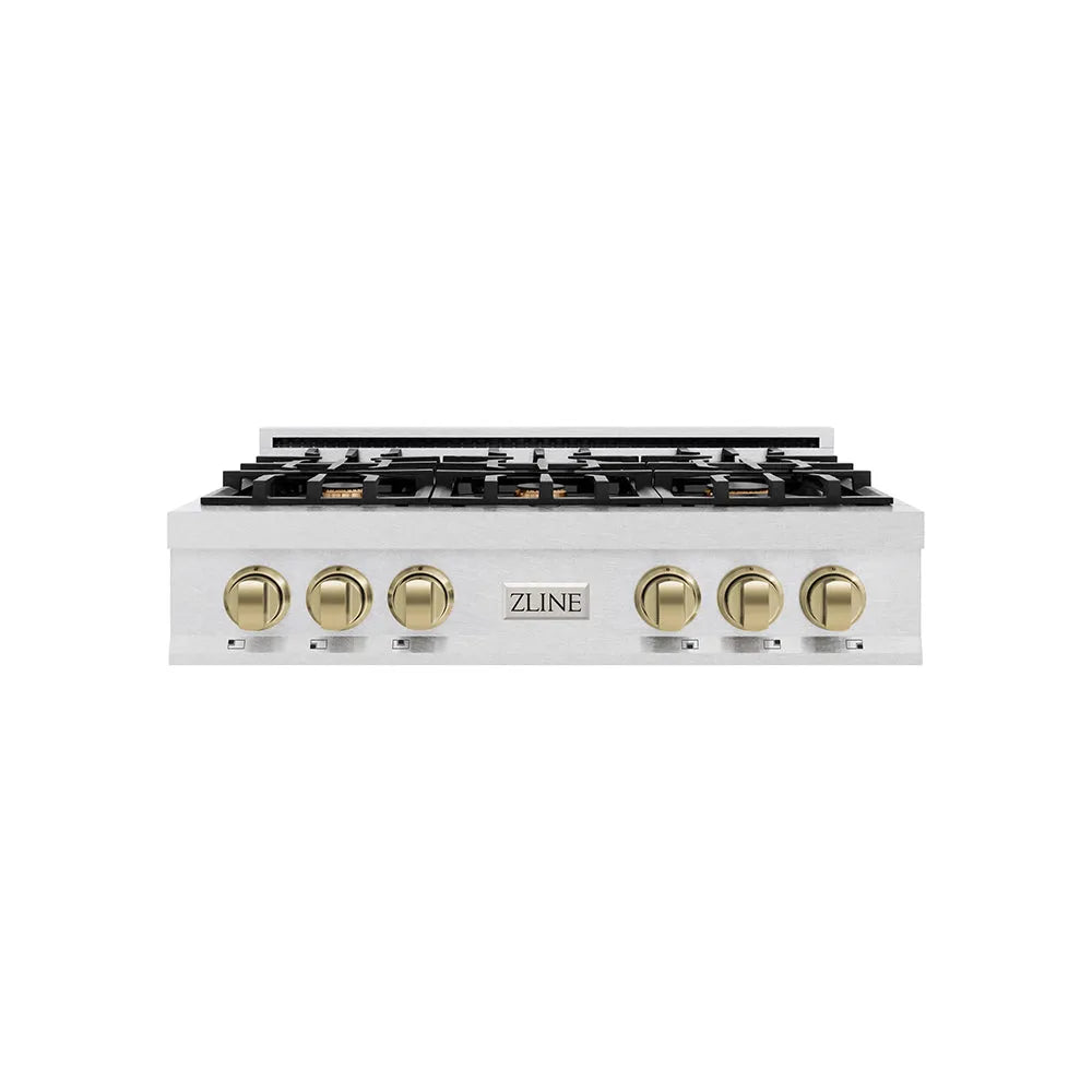 ZLINE Autograph Edition 36 in. Classic Gas Rangetop with 6 Burners and Porcelain Cooktop in Satin Stainless Steel with Champagne Bronze Accents (RTSZ-36-CB) main image.