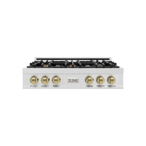 ZLINE Autograph Edition 36 in. Classic Gas Rangetop with 6 Burners and Porcelain Cooktop in Satin Stainless Steel with Champagne Bronze Accents (RTSZ-36-CB) main image.