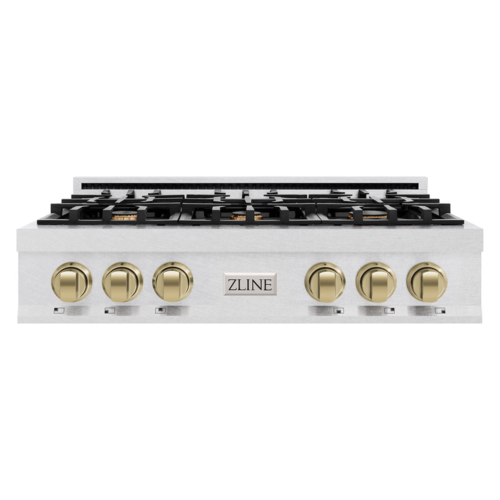 ZLINE Autograph Edition 36 in. Classic Gas Rangetop with 6 Burners and Porcelain Cooktop in Satin Stainless Steel with Champagne Bronze Accents (RTSZ-36-CB)