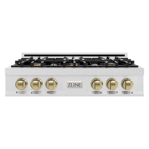 ZLINE Autograph Edition 36 in. Classic Gas Rangetop with 6 Burners and Porcelain Cooktop in Satin Stainless Steel with Champagne Bronze Accents (RTSZ-36-CB)