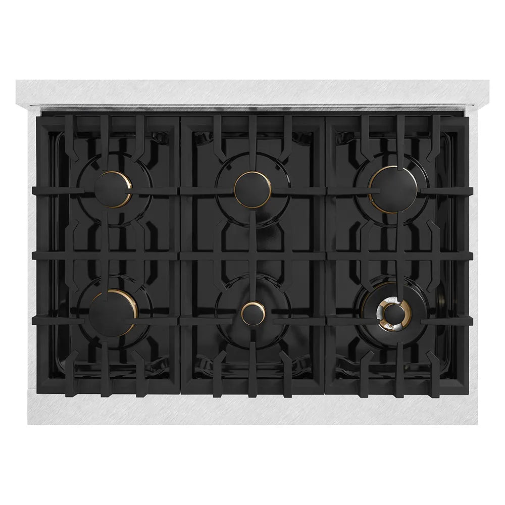ZLINE Autograph Edition 36 in. Classic Gas Rangetop with 6 Burners and Porcelain Cooktop in Satin Stainless Steel with Champagne Bronze Accents (RTSZ-36-CB) top-down, above cooking surface.