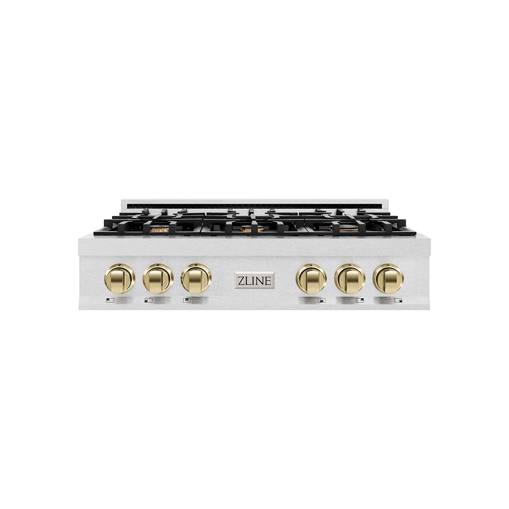 ZLINE Autograph Edition 36 in. Classic Gas Rangetop with 6 Burners and Porcelain Cooktop in Satin Stainless Steel with Polished Gold Accents (RTSZ-36-G)