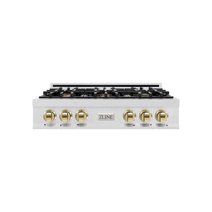ZLINE Autograph Edition 36 in. Classic Gas Rangetop with 6 Burners and Porcelain Cooktop in Satin Stainless Steel with Polished Gold Accents (RTSZ-36-G)