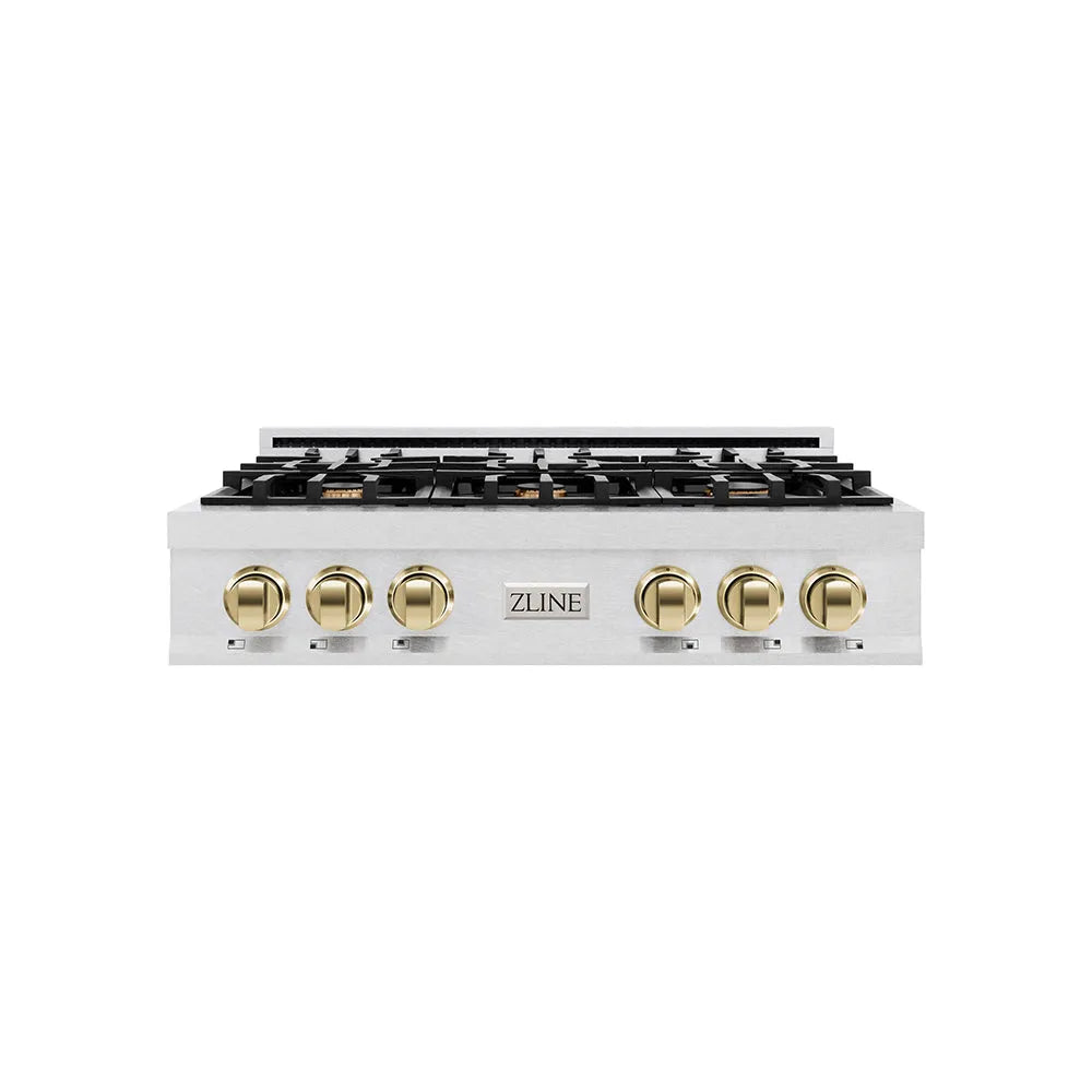 ZLINE Autograph Edition 36 in. Classic Gas Rangetop with 6 Burners and Porcelain Cooktop in Satin Stainless Steel with Polished Gold Accents (RTSZ-36-G) main image.