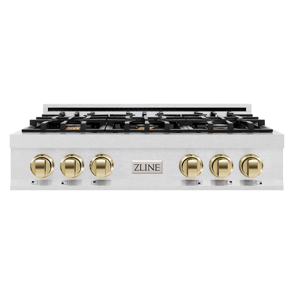 ZLINE Autograph Edition 36 in. Classic Gas Rangetop with 6 Burners and Porcelain Cooktop in Satin Stainless Steel with Polished Gold Accents (RTSZ-36-G)
