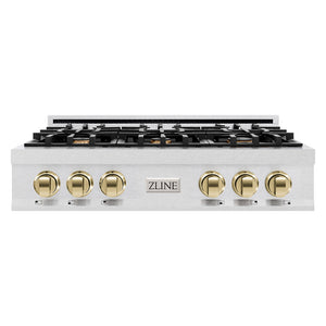 ZLINE Autograph Edition 36 in. Classic Gas Rangetop with 6 Burners and Porcelain Cooktop in Satin Stainless Steel with Polished Gold Accents (RTSZ-36-G)