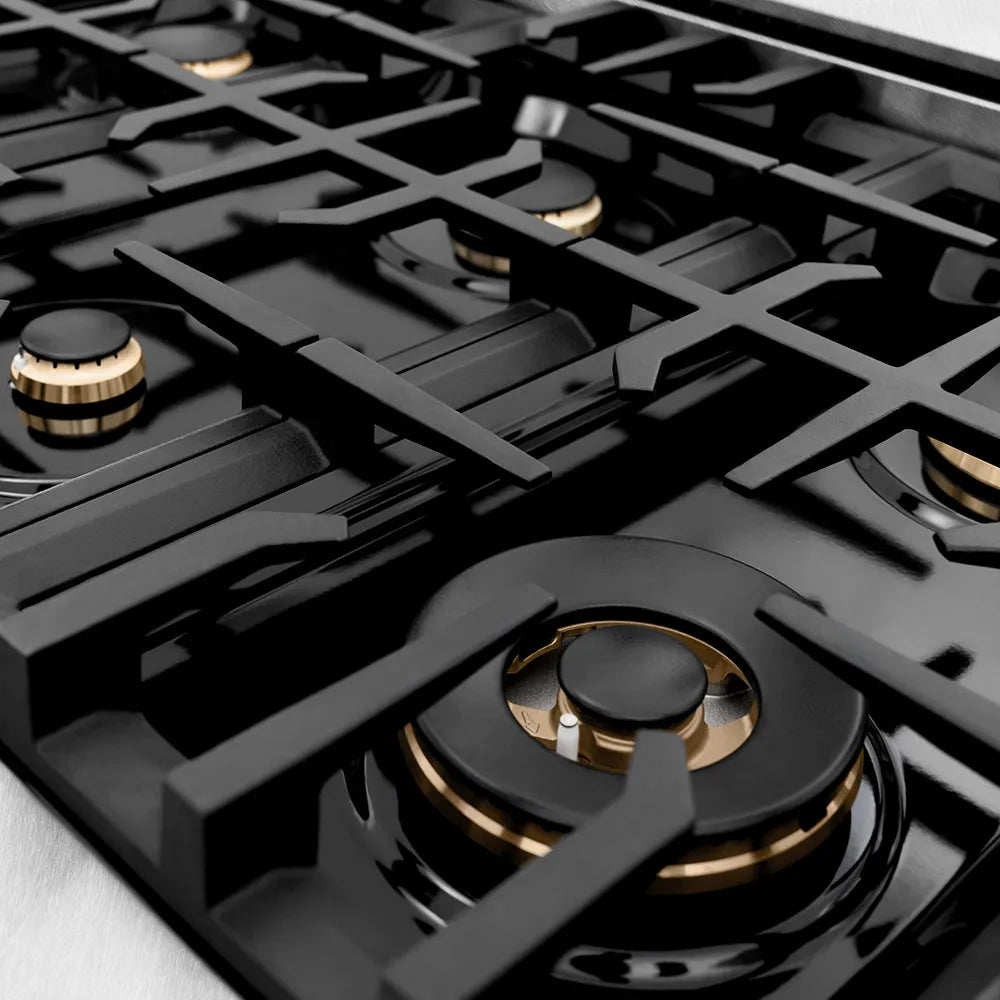 ZLINE Autograph Edition 36 in. Classic Gas Rangetop with 6 Burners and Porcelain Cooktop in Satin Stainless Steel with Matte Black Accents (RTSZ-36-MB) close-up, black gas burner caps and cast iron grates.