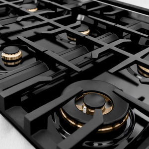 ZLINE Autograph Edition 36 in. Classic Gas Rangetop with 6 Burners and Porcelain Cooktop in Satin Stainless Steel with Matte Black Accents (RTSZ-36-MB) close-up, black gas burner caps and cast iron grates.