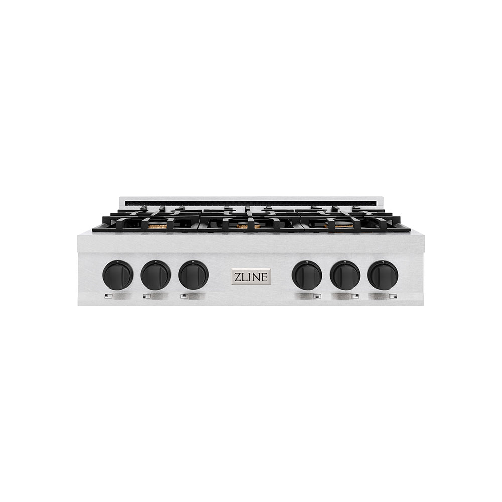 ZLINE Autograph Edition 36 in. Classic Gas Rangetop with 6 Burners and Porcelain Cooktop in Satin Stainless Steel with Matte Black Accents (RTSZ-36-MB)