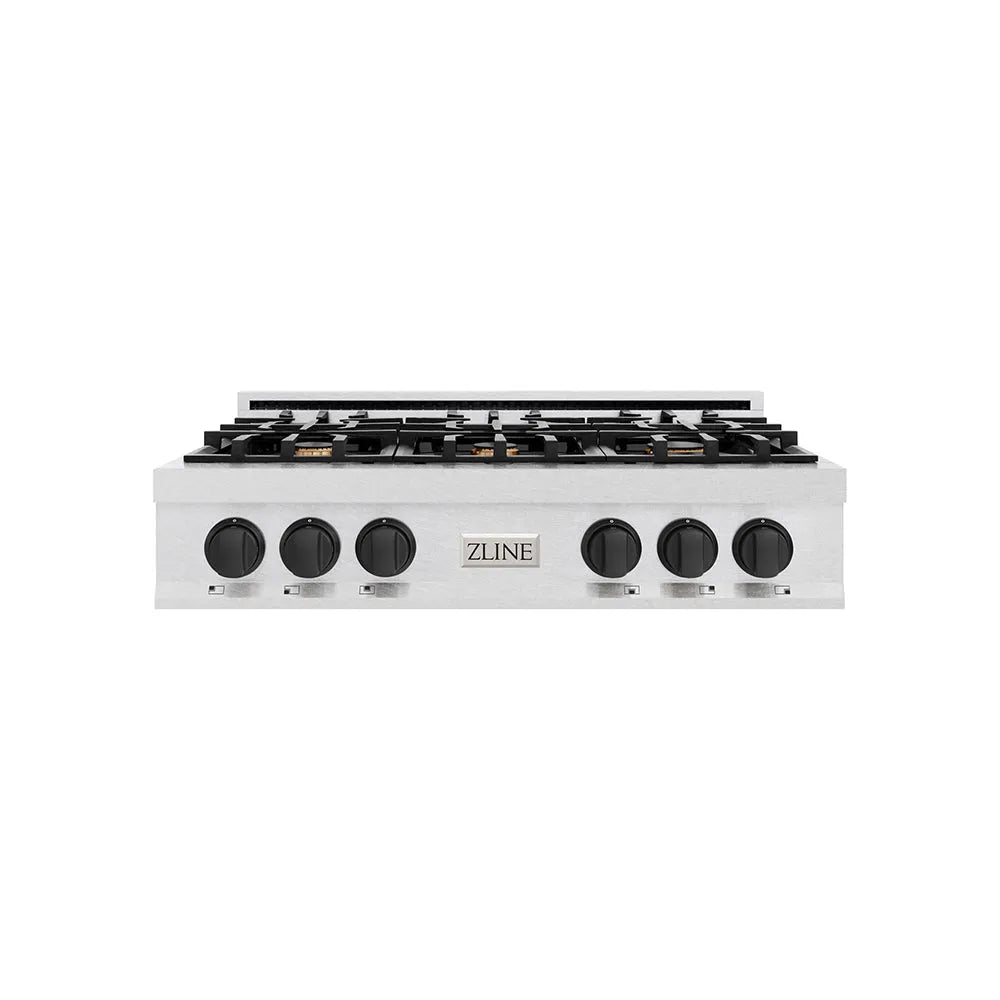 ZLINE Autograph Edition 36 in. Classic Gas Rangetop with 6 Burners and Porcelain Cooktop in Satin Stainless Steel with Matte Black Accents (RTSZ-36-MB) main image.