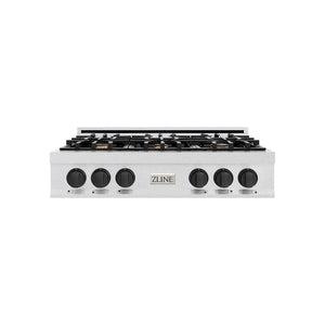ZLINE Autograph Edition 36 in. Classic Gas Rangetop with 6 Burners and Porcelain Cooktop in Satin Stainless Steel with Matte Black Accents (RTSZ-36-MB) main image.