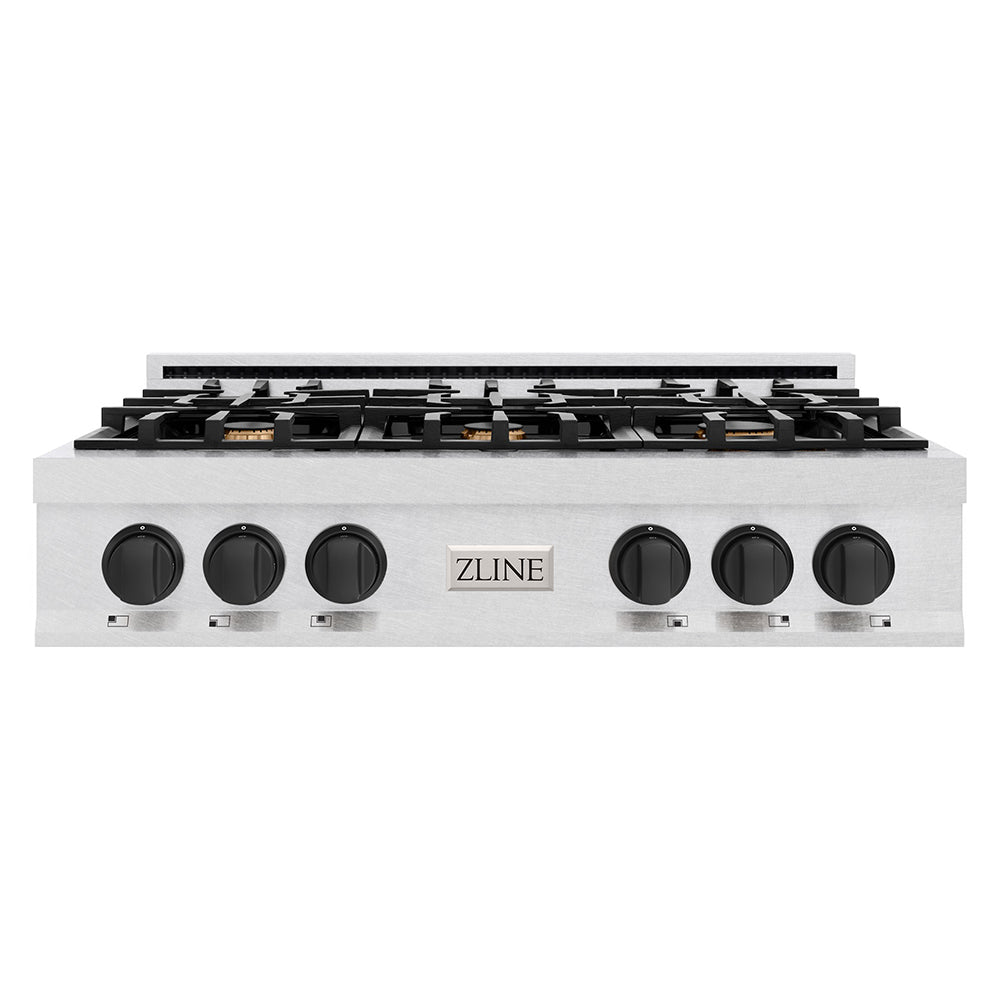 ZLINE Autograph Edition 36 in. Classic Gas Rangetop with 6 Burners and Porcelain Cooktop in Satin Stainless Steel with Matte Black Accents (RTSZ-36-MB)