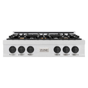 ZLINE Autograph Edition 36 in. Classic Gas Rangetop with 6 Burners and Porcelain Cooktop in Satin Stainless Steel with Matte Black Accents (RTSZ-36-MB)