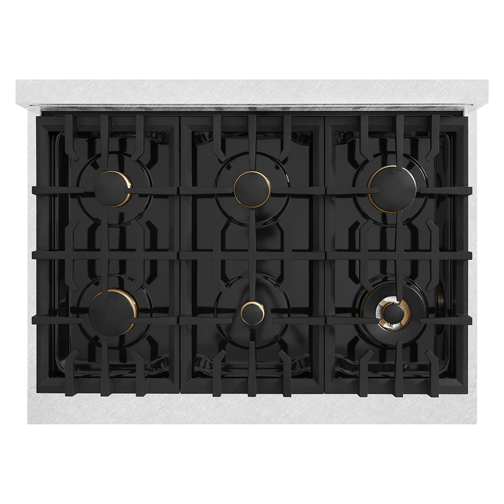 ZLINE Autograph Edition 36 in. Classic Gas Rangetop with 6 Burners and Porcelain Cooktop in Satin Stainless Steel with Matte Black Accents (RTSZ-36-MB)
