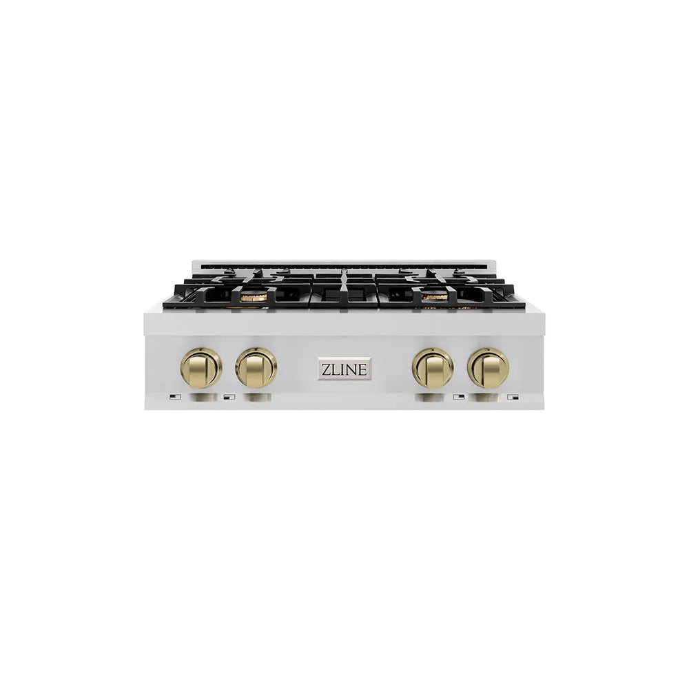 ZLINE Autograph Edition 30 in. Classic Gas Rangetop with 4 Burners and Porcelain Cooktop in Stainless Steel with Champagne Bronze Accents (RTZ-30-CB) main image.