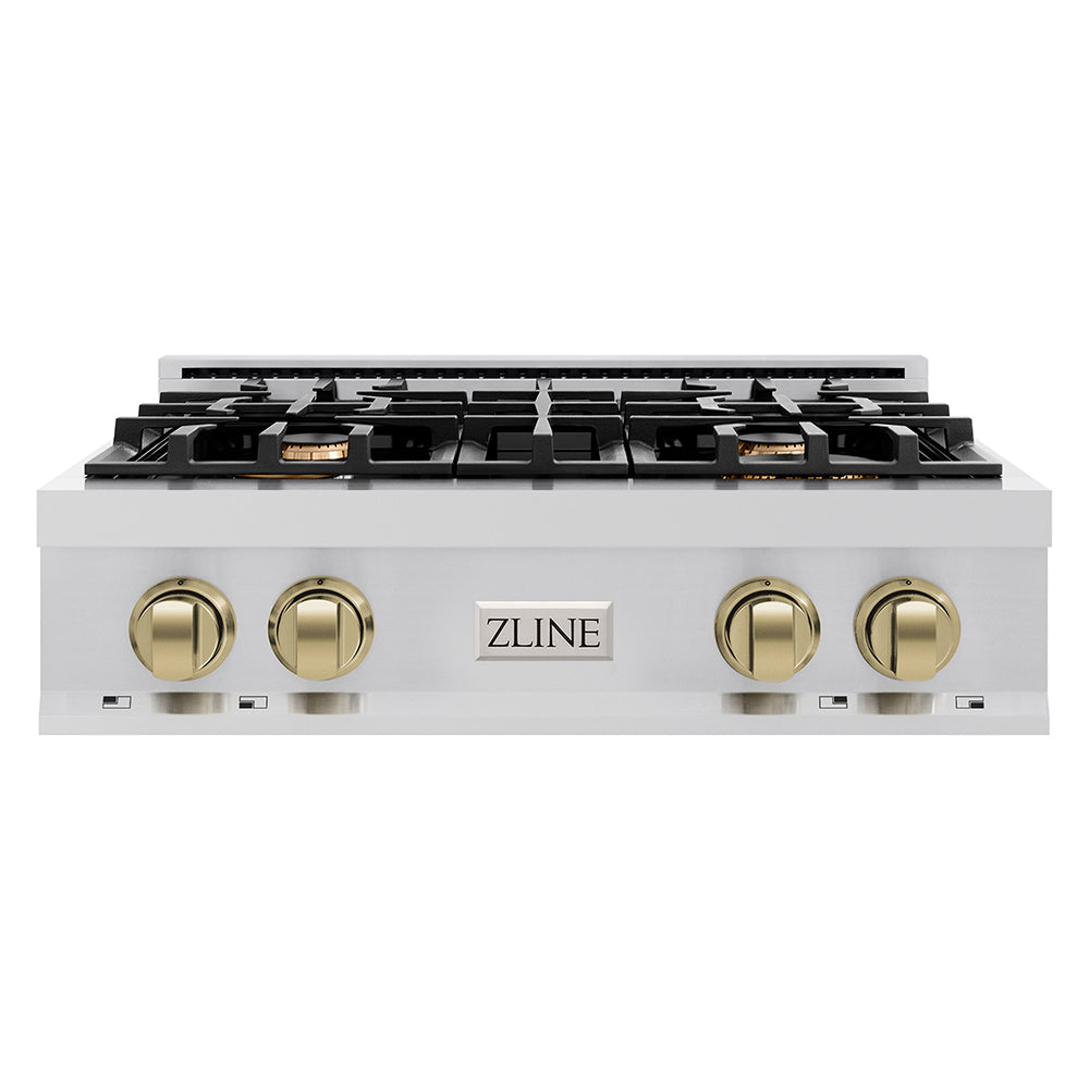 ZLINE Autograph Edition 30 in. Classic Gas Rangetop with 4 Burners and Porcelain Cooktop in Stainless Steel with Champagne Bronze Accents (RTZ-30-CB)