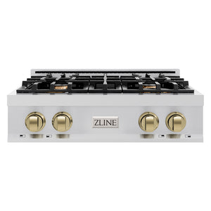 ZLINE Autograph Edition 30 in. Classic Gas Rangetop with 4 Burners and Porcelain Cooktop in Stainless Steel with Champagne Bronze Accents (RTZ-30-CB)