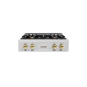ZLINE Autograph Edition 30 in. Classic Gas Rangetop with 4 Burners and Porcelain Cooktop in Stainless Steel with Polished Gold Accents (RTZ-30-G) main image.