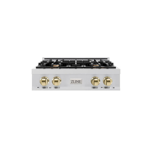 ZLINE Autograph Edition 30 in. Classic Gas Rangetop with 4 Burners and Porcelain Cooktop in Stainless Steel with Polished Gold Accents (RTZ-30-G) main image.
